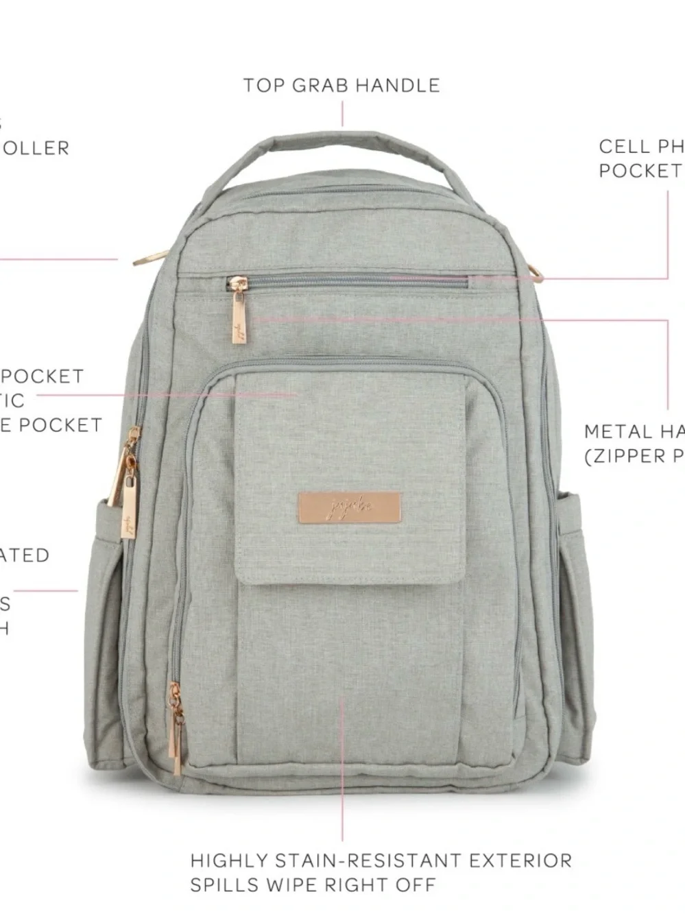 Ju-Ju-Be Gray Convertible Baby Bag Backpack with Rose Gold Hardware